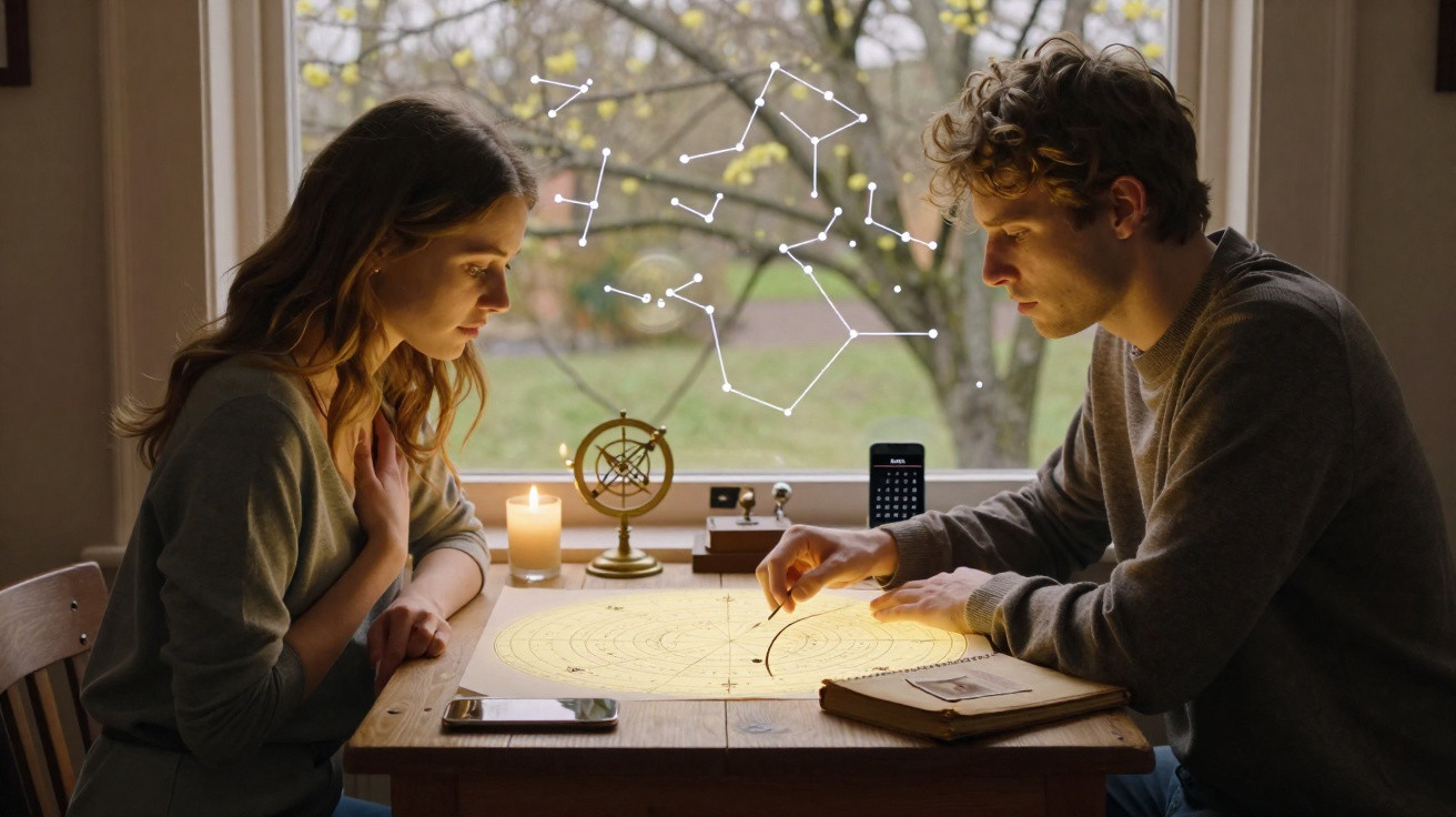 Casal a estudar mapas estelares com vela acessa e constelações desenhadas na janela à noite.