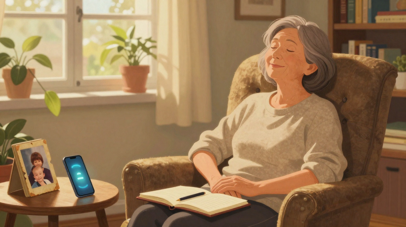 Idosa sentada a relaxar numa poltrona com um caderno aberto ao colo e um telemóvel numa mesa ao lado.