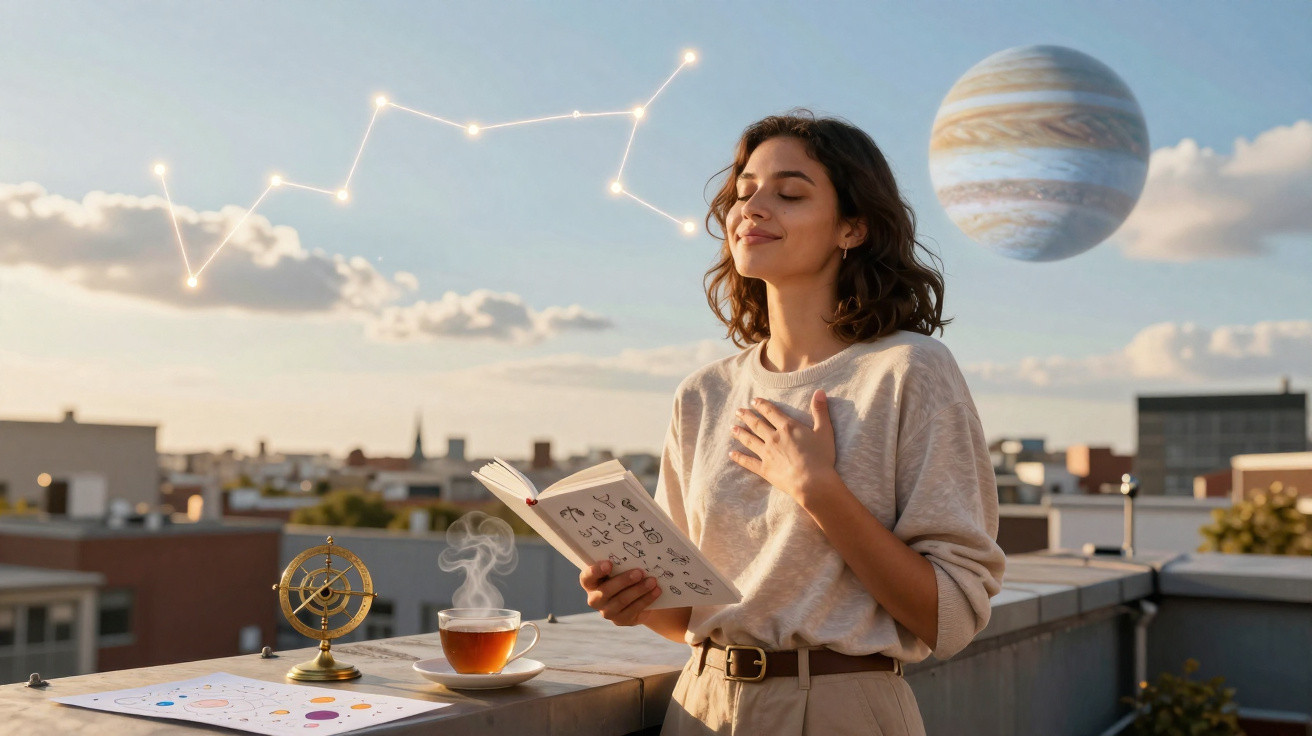 Mulher a ler livro de astronomia numa varanda, com chá e constelação e planeta visíveis no céu.