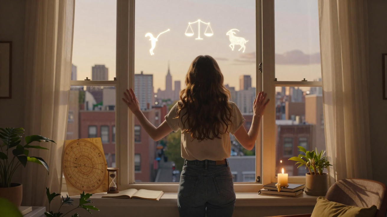 Mulher de costas observa signos astrológicos flutuantes junto a janela com vista para cidade ao pôr do sol.