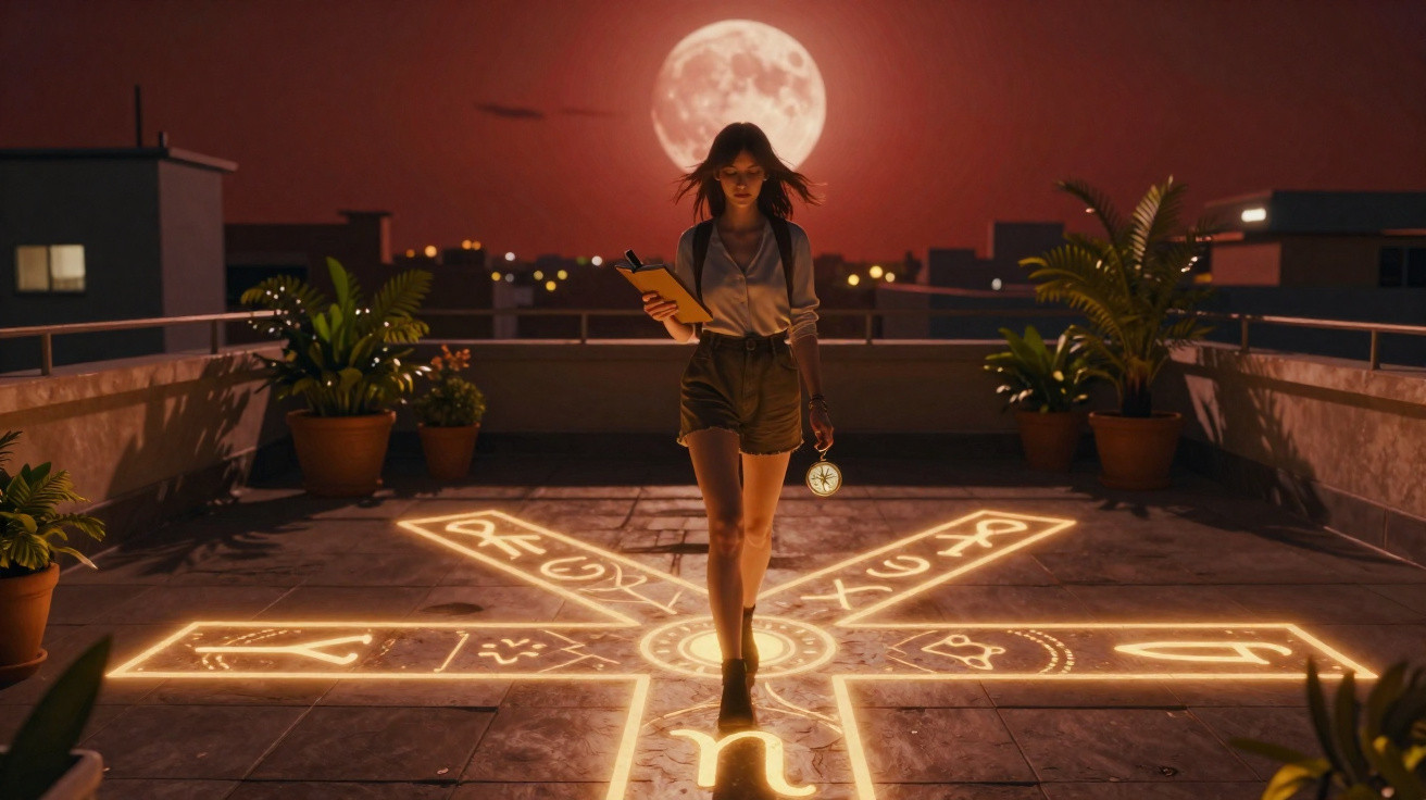 Jovem mulher com lanterna numa varanda com símbolos mágicos iluminados e lua cheia ao fundo.