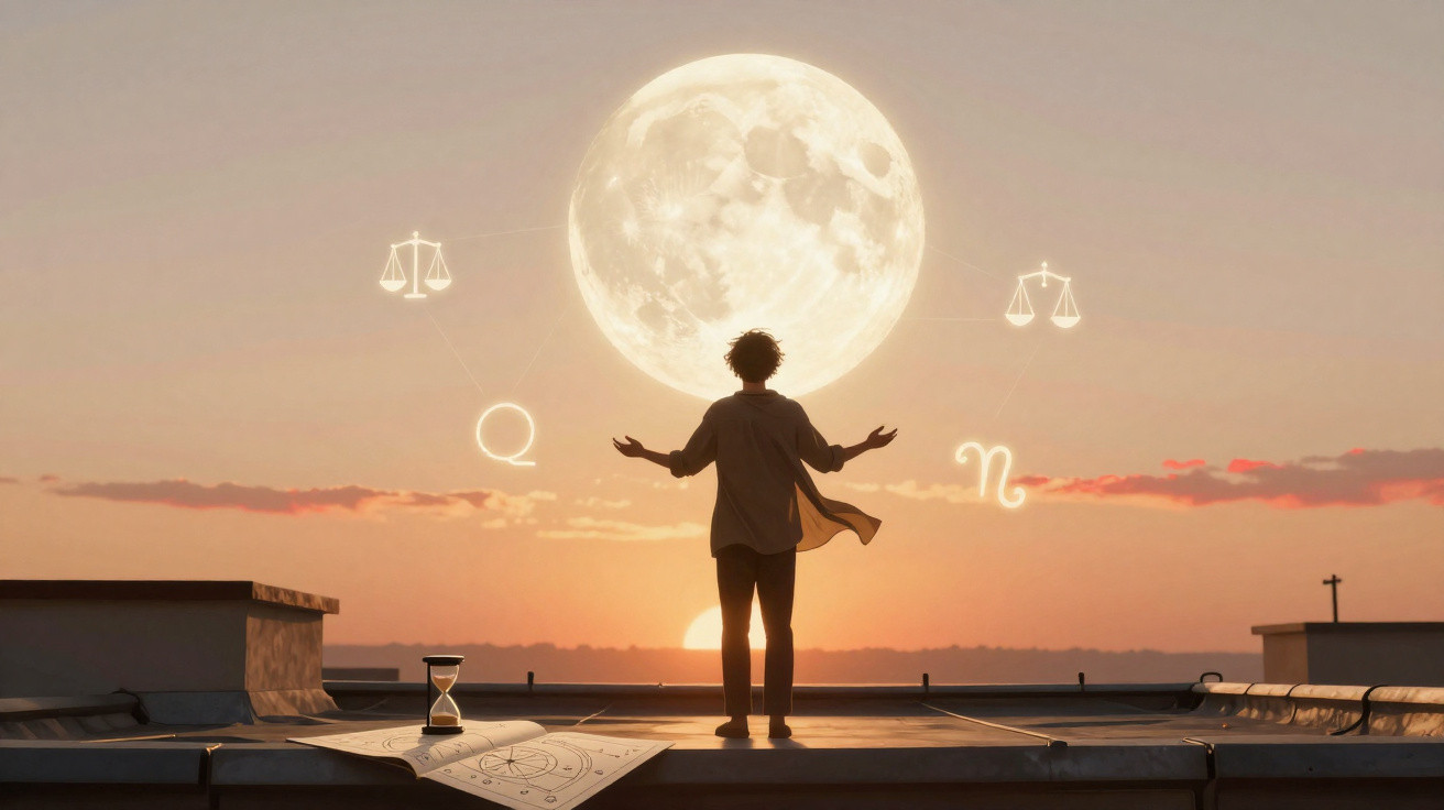 Pessoa de braços abertos diante da lua cheia ao pôr do sol, símbolos astrológicos e ampulheta sobre telhado.