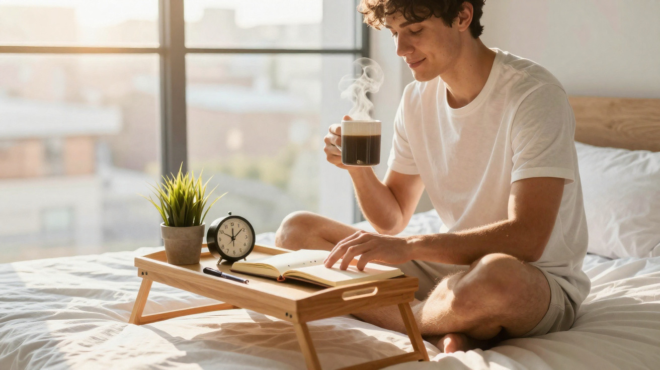 Jovem sentado na cama a ler um livro e a beber café quente numa manhã iluminada.