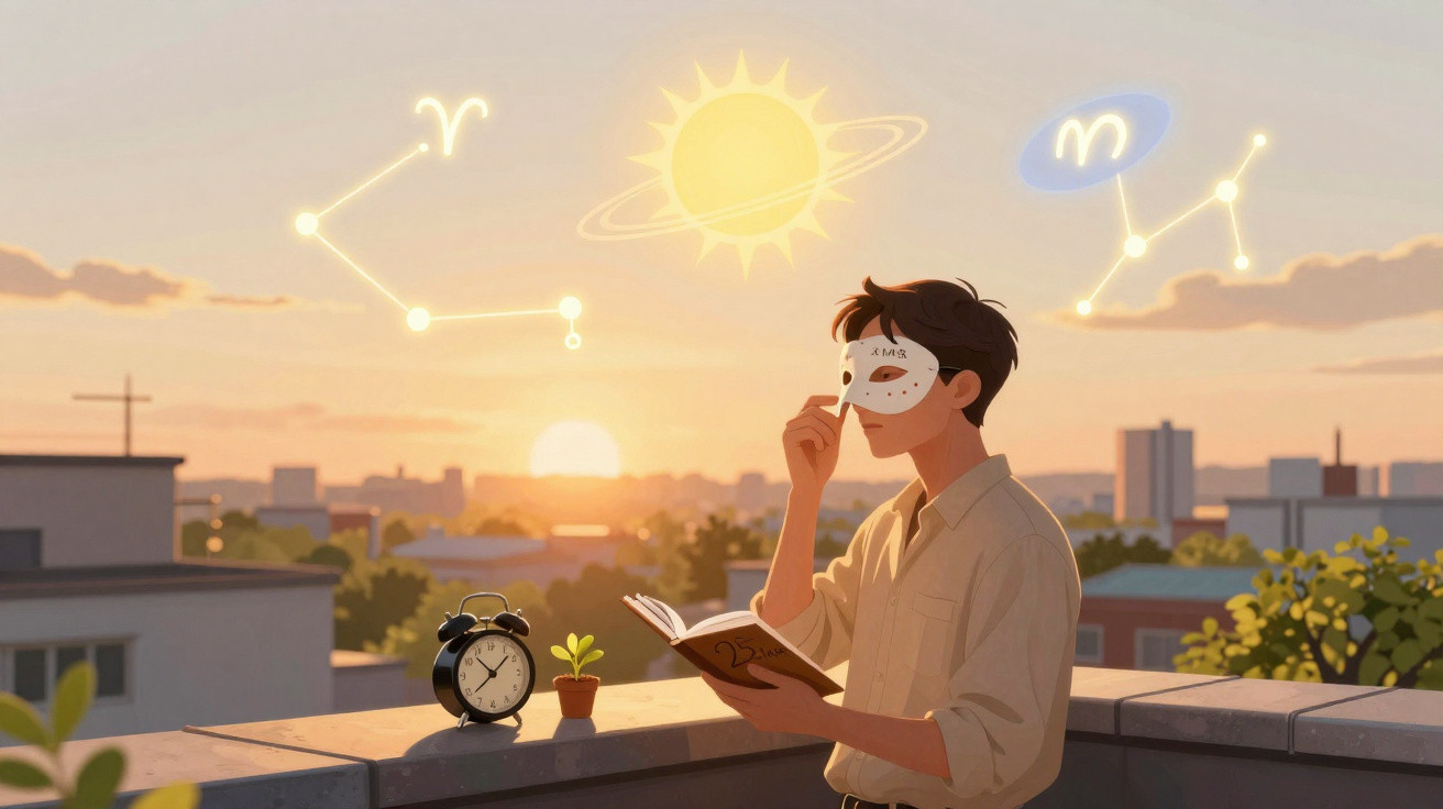 Homem com máscara segura livro num terraço ao pôr do sol, com constelações e sol brilhante no céu.