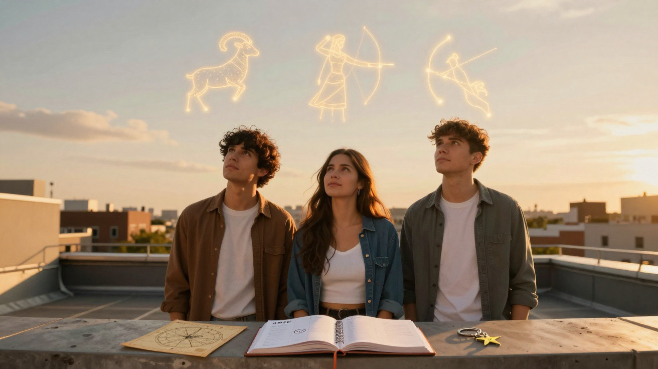 Três jovens sentados num terraço ao pôr do sol com desenhos luminosos do zodíaco no céu.