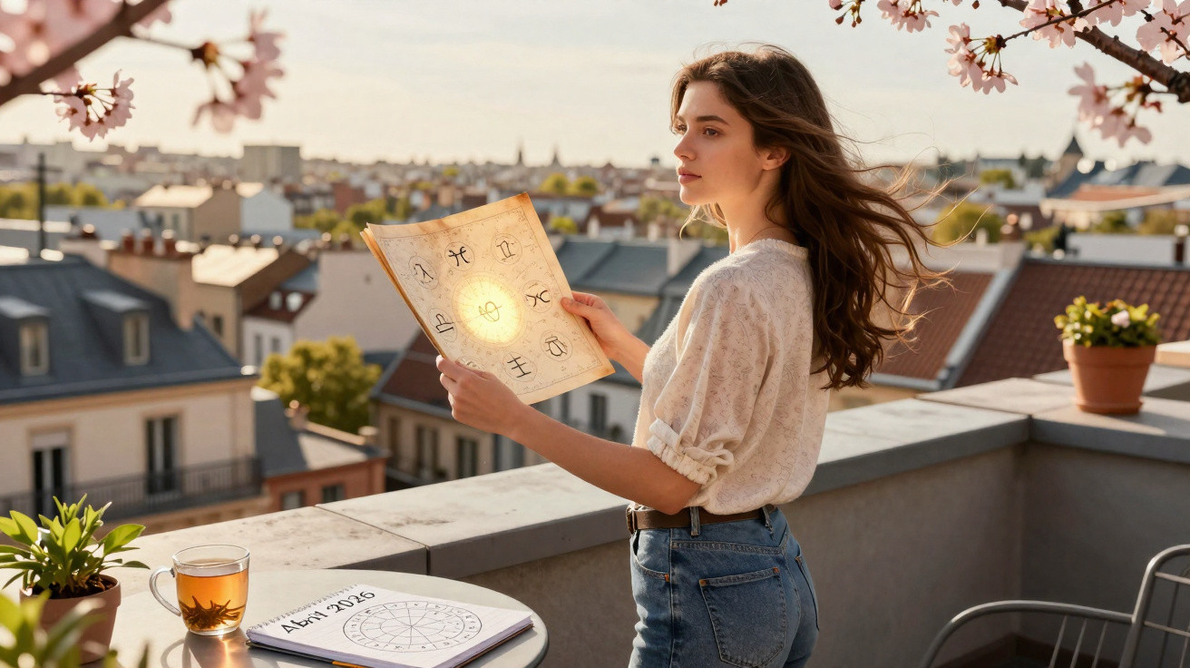 Jovem segurando mapa astrológico iluminado numa varanda com vista urbana ao entardecer.