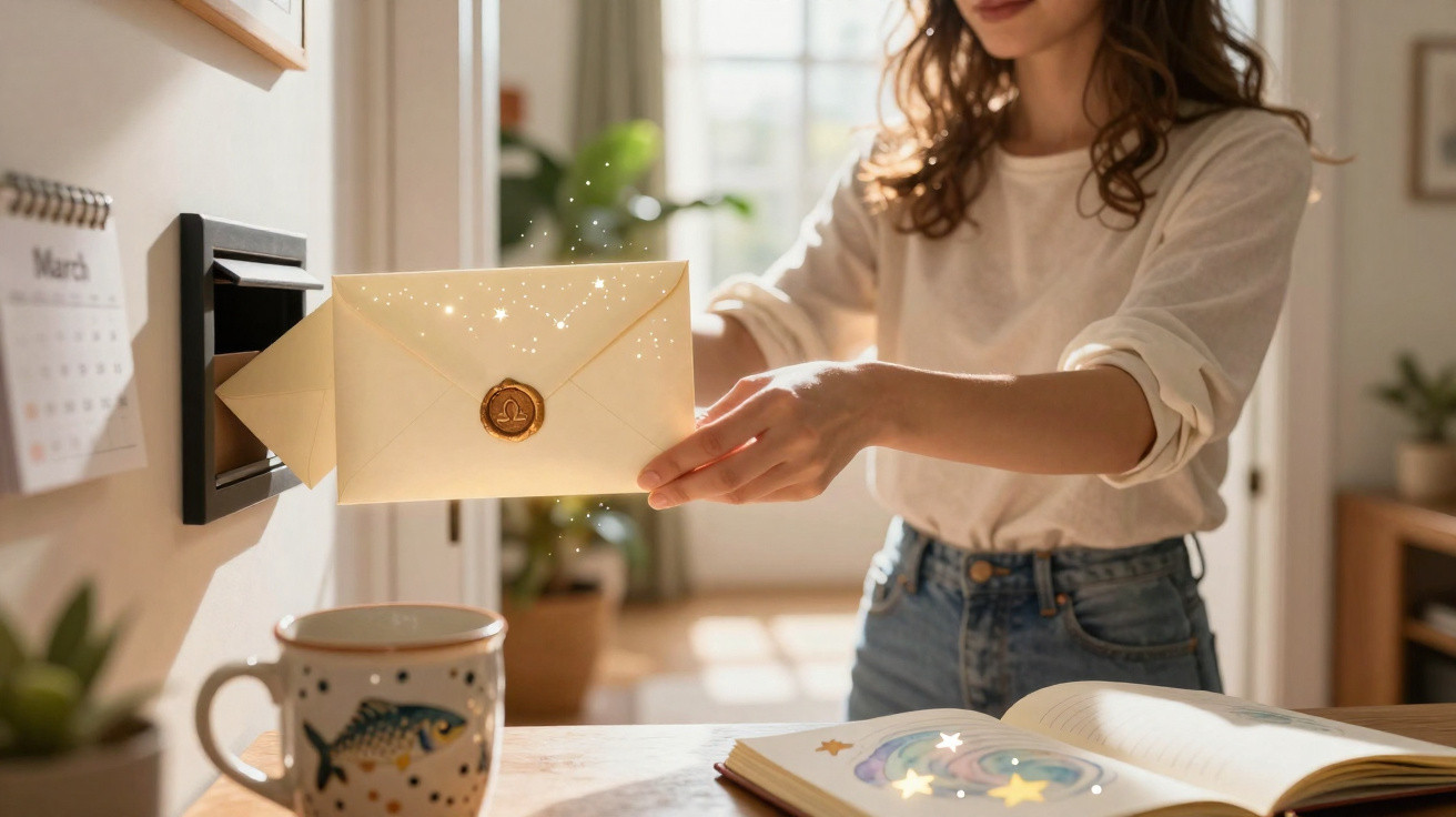 Mulher insere carta com selo mágico num leitor de correio numa sala luminosa e acolhedora.