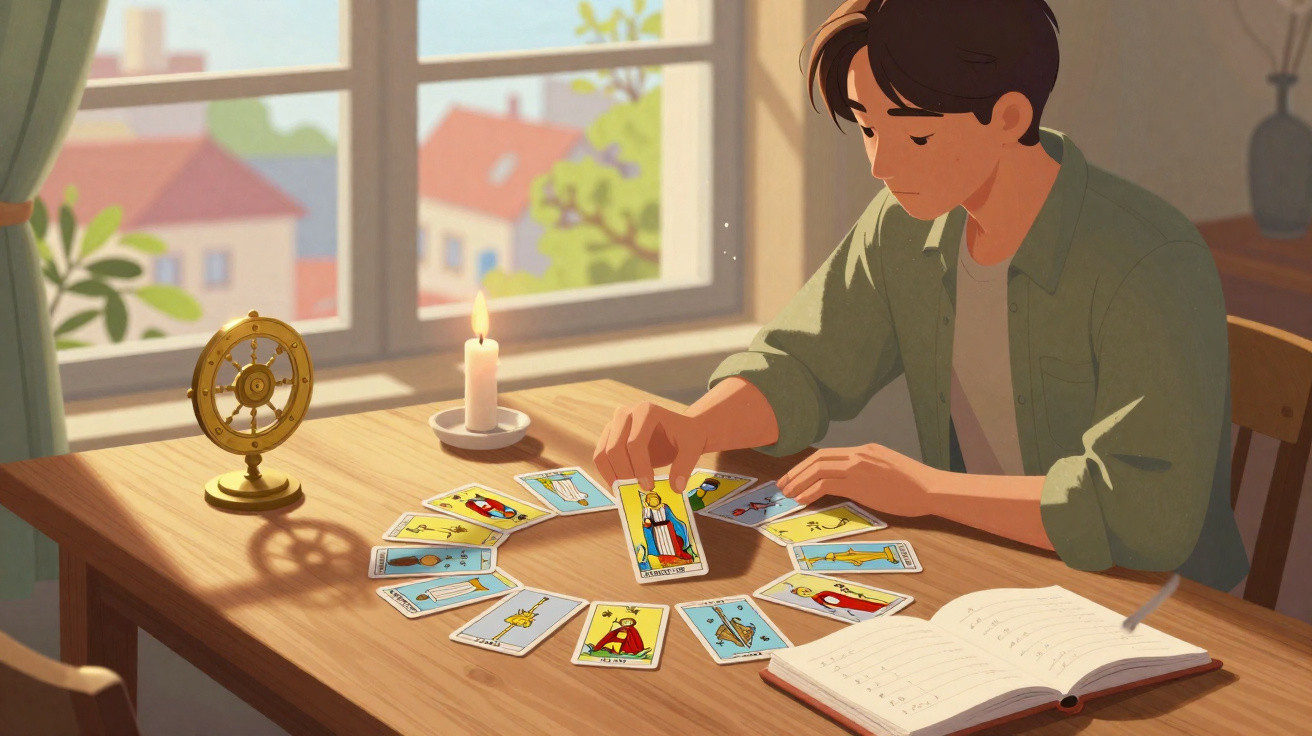Jovem a ler cartas de tarot numa mesa com vela acesa, em ambiente iluminado pela janela.