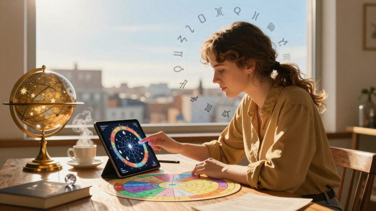 Mulher a estudar astrologia com tablet, mapa astrológico e globo celeste em ambiente iluminado.
