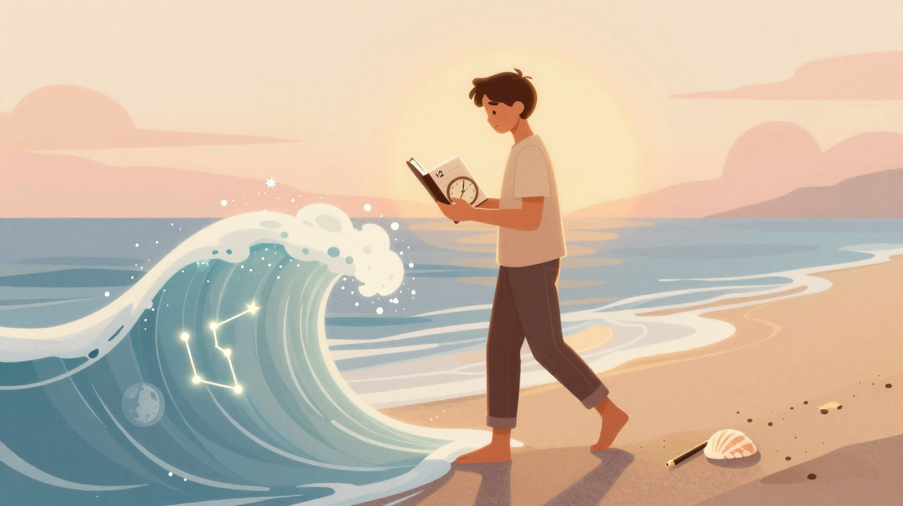 Rapaz a ler um livro na praia ao pôr do sol, com uma onda brilhante que desenha uma constelação.