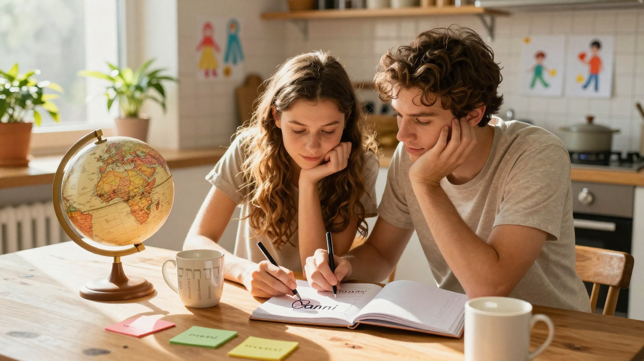 Casal jovem a estudar num ambiente doméstico com caderno, canecas, notas e globo terrestre na mesa.