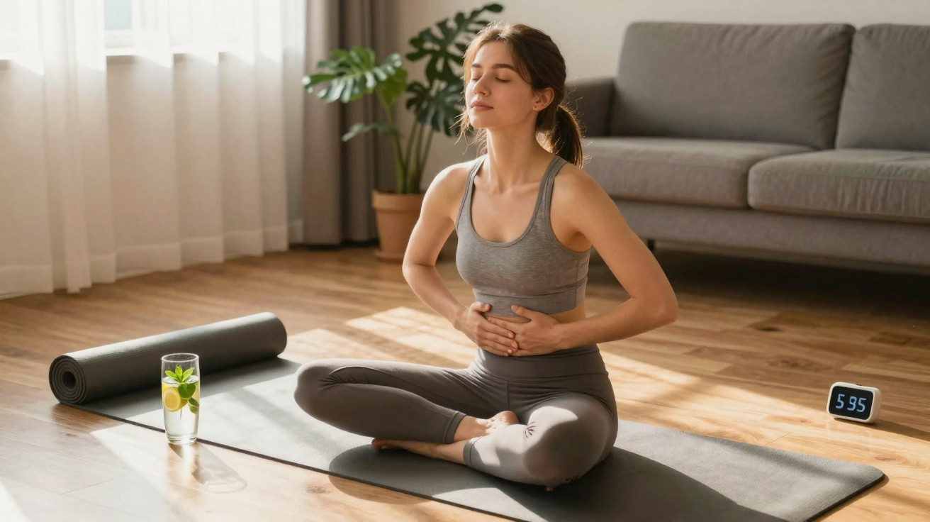 Mulher jovem sentada em posição de yoga, olhos fechados e mãos na barriga, num tapete junto a um relógio e copo de água.