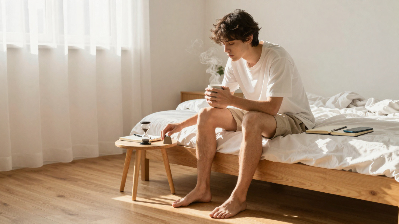 Homem sentado na cama a beber chá e a virar ampulheta numa mesa pequena junto à janela clara.