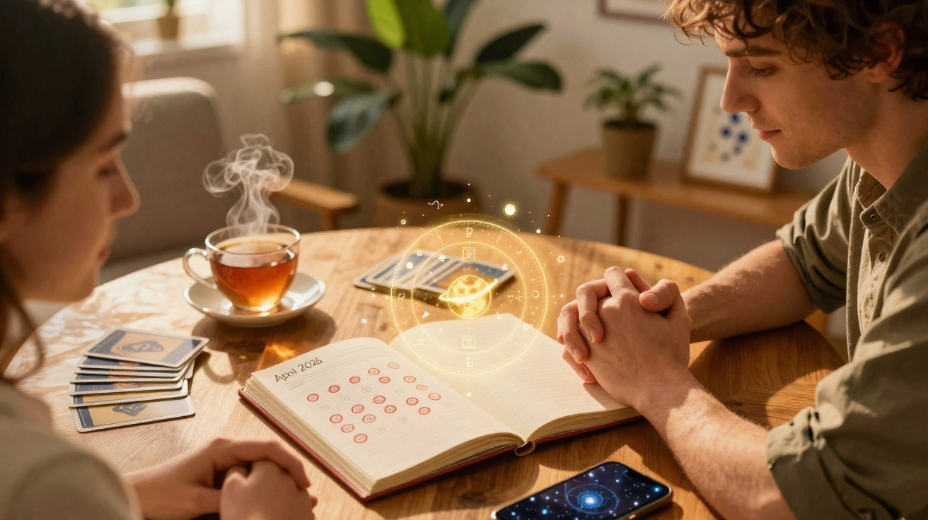 Duas pessoas sentadas à mesa com um calendário, cartas, chá quente e elementos digitais flutuantes.
