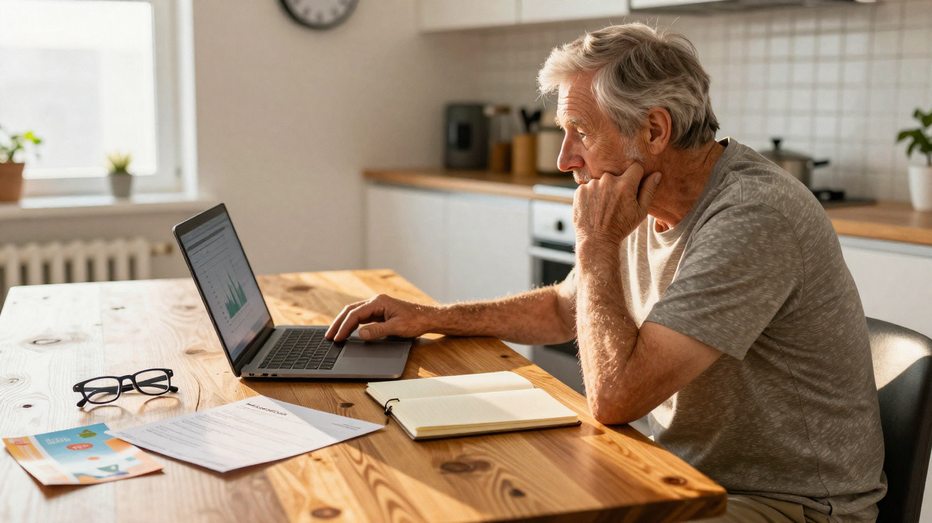 Homem idoso sentado à mesa da cozinha a usar um portátil, com óculos, papéis e caderno à sua frente.