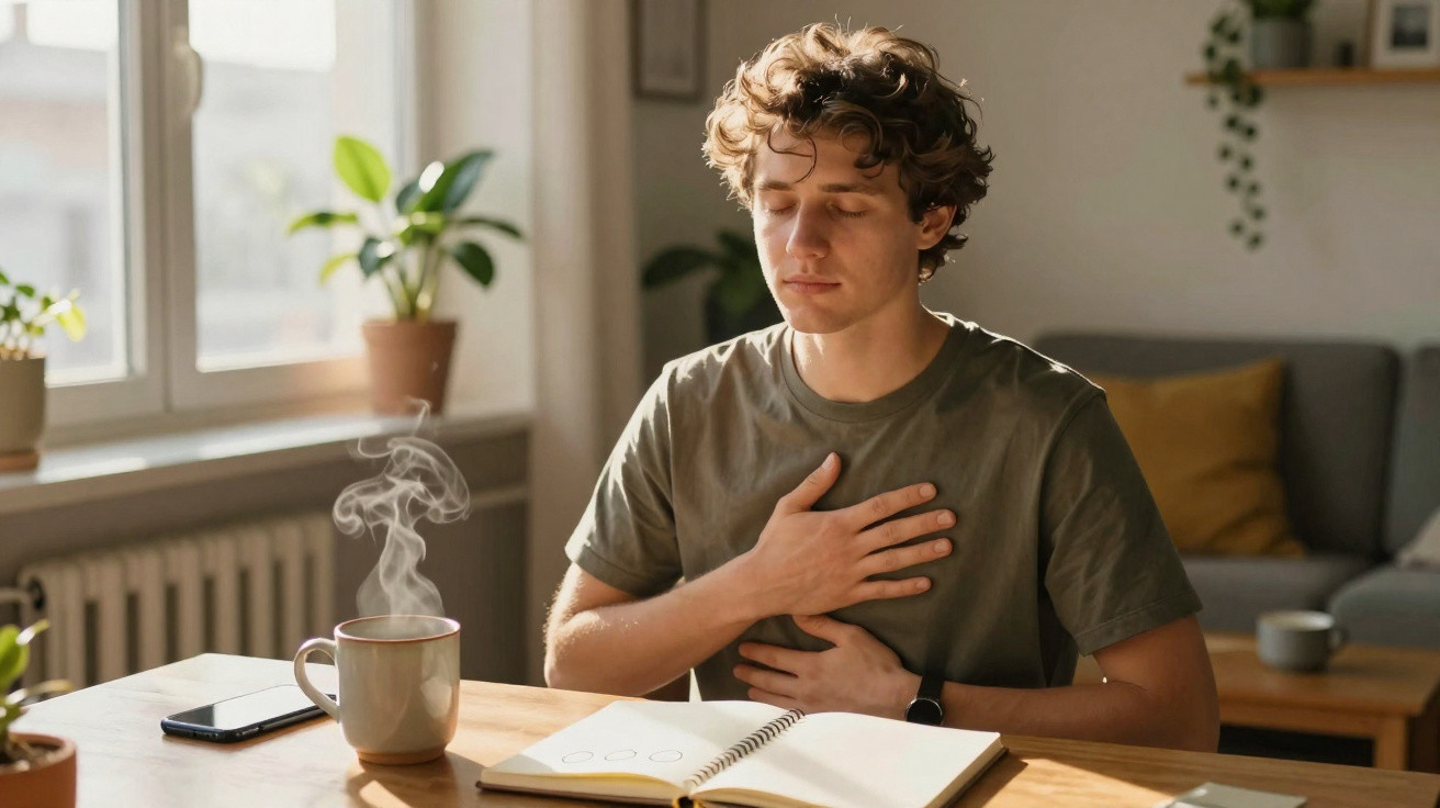 Jovem sentado à mesa com olhos fechados, mão no peito, junto a chá quente e caderno aberto num ambiente acolhedor.