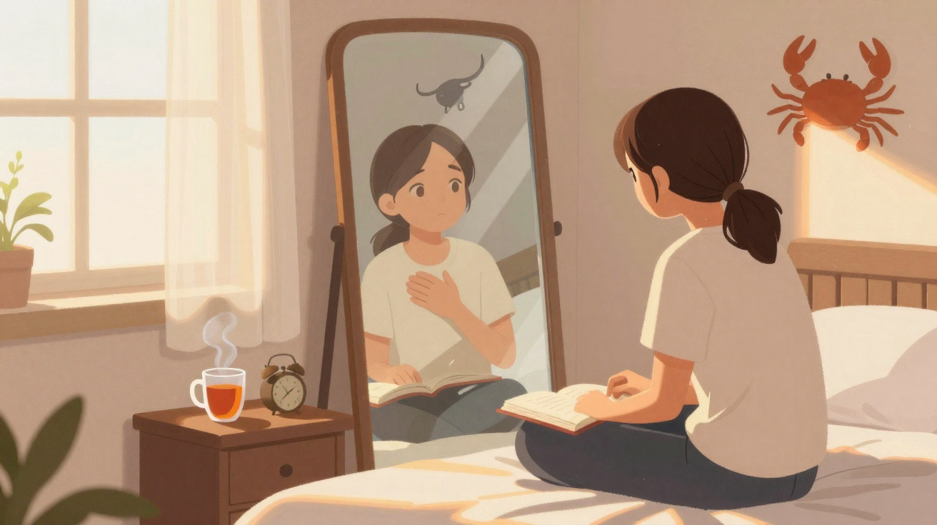 Jovem sentada na cama a ler um livro, olhando para o espelho num quarto iluminado pela manhã.