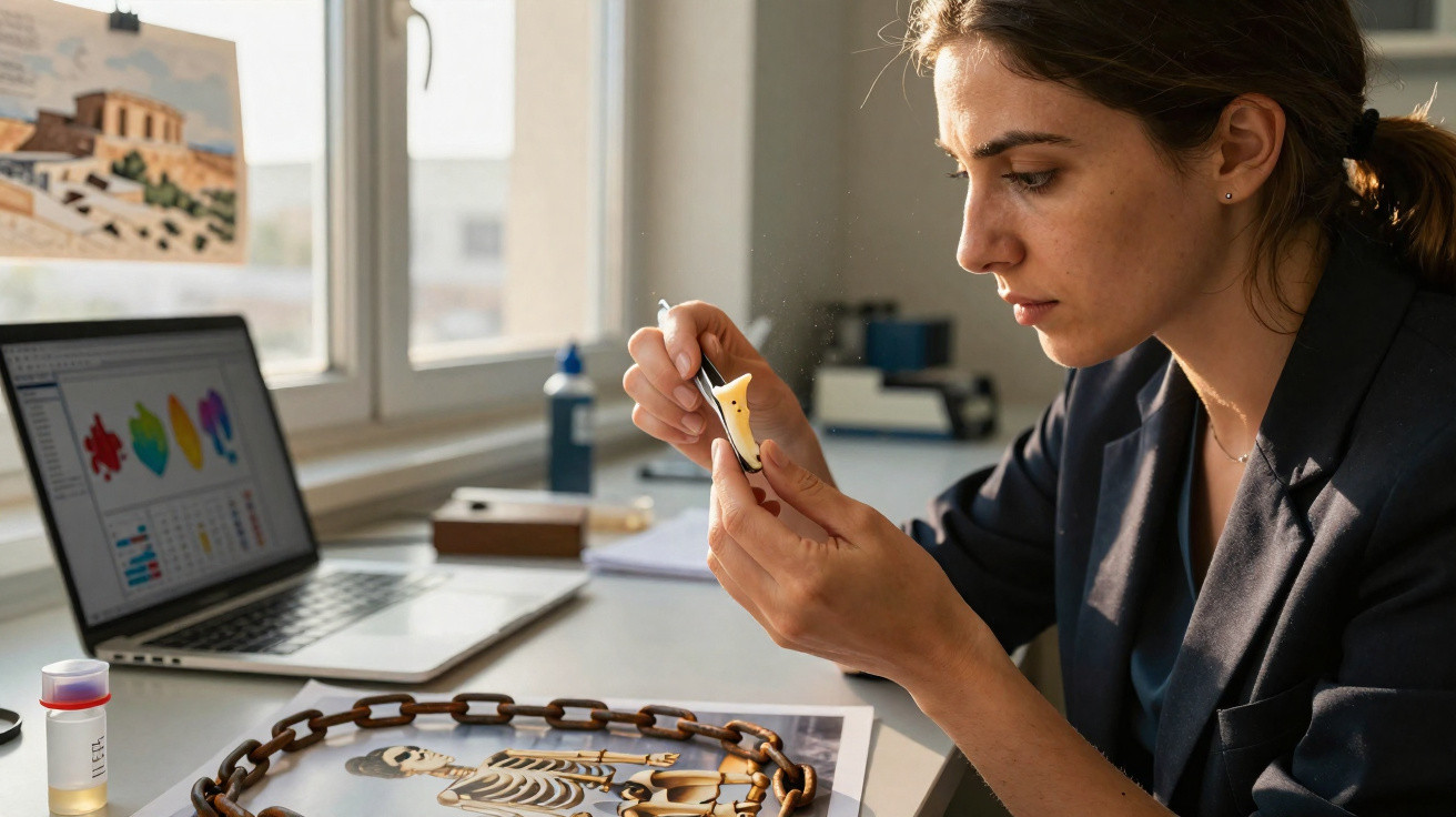 Mulher a analisar um fragmento ósseo com computador e esqueleto no ambiente de laboratório.