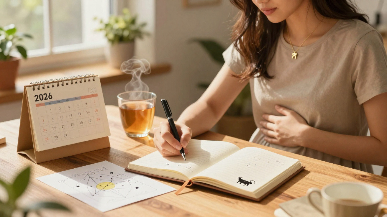 Mulher a fazer anotações num caderno com chá quente, calendário de 2026 e desenhos astrológicos na mesa.