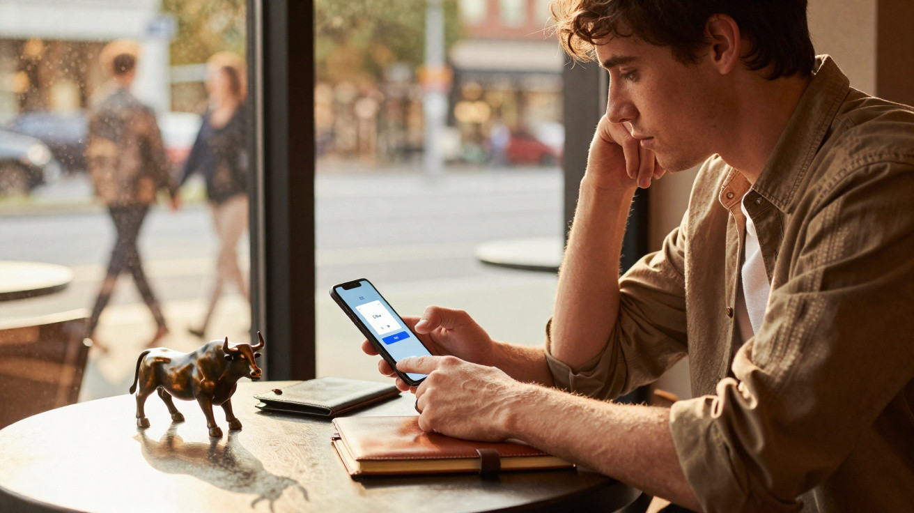 Homem sentado num café a usar smartphone com aplicação visível, sobre mesa com caderno e figura de touro.