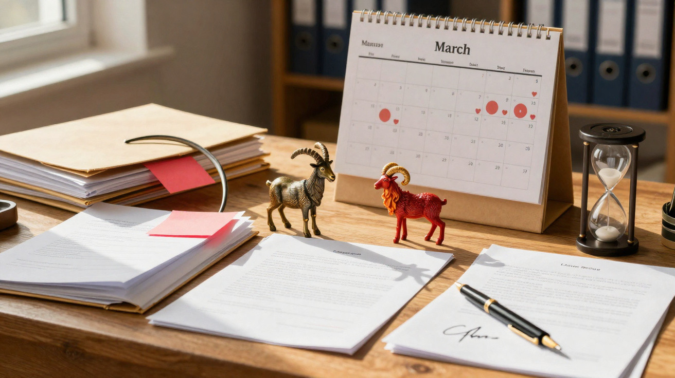 Mesa de escritório com documentos, calendário em Março, ampulheta e esculturas de cabras.