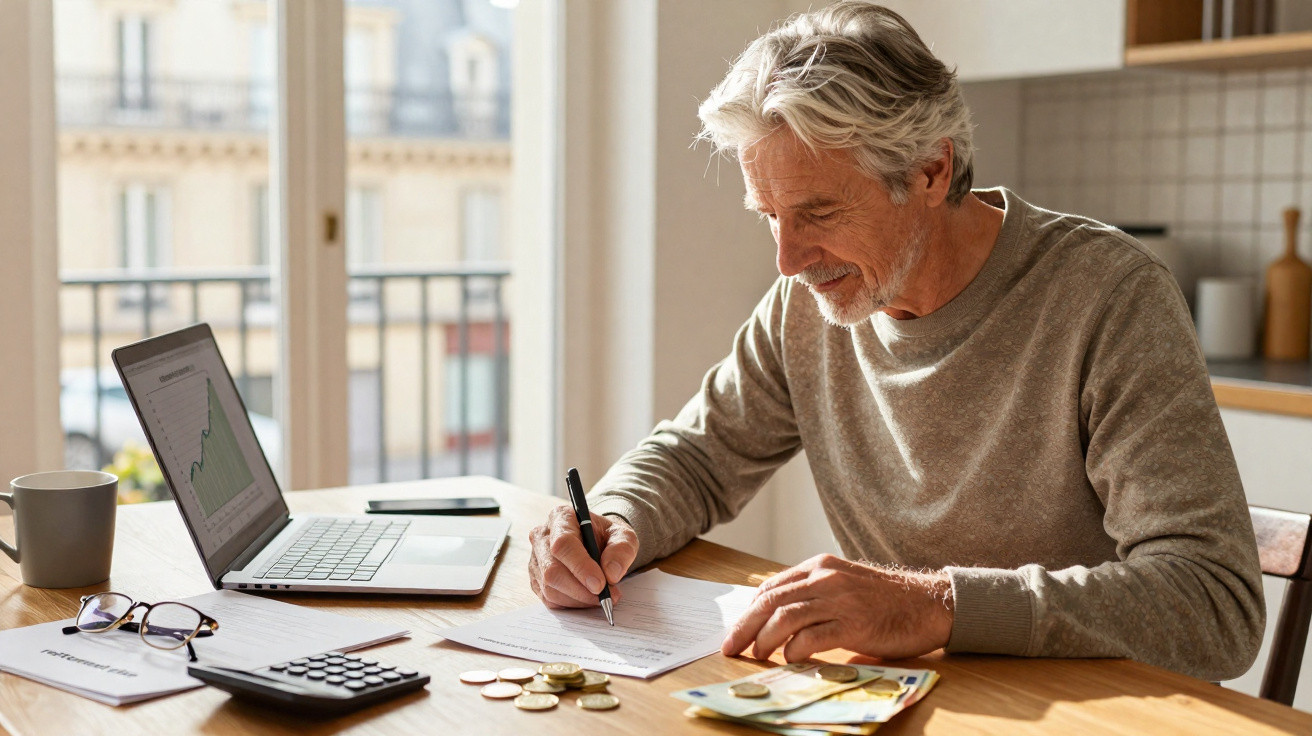 Homem sénior sentado à mesa a analisar documentos e calcular finanças com portátil e moedas.