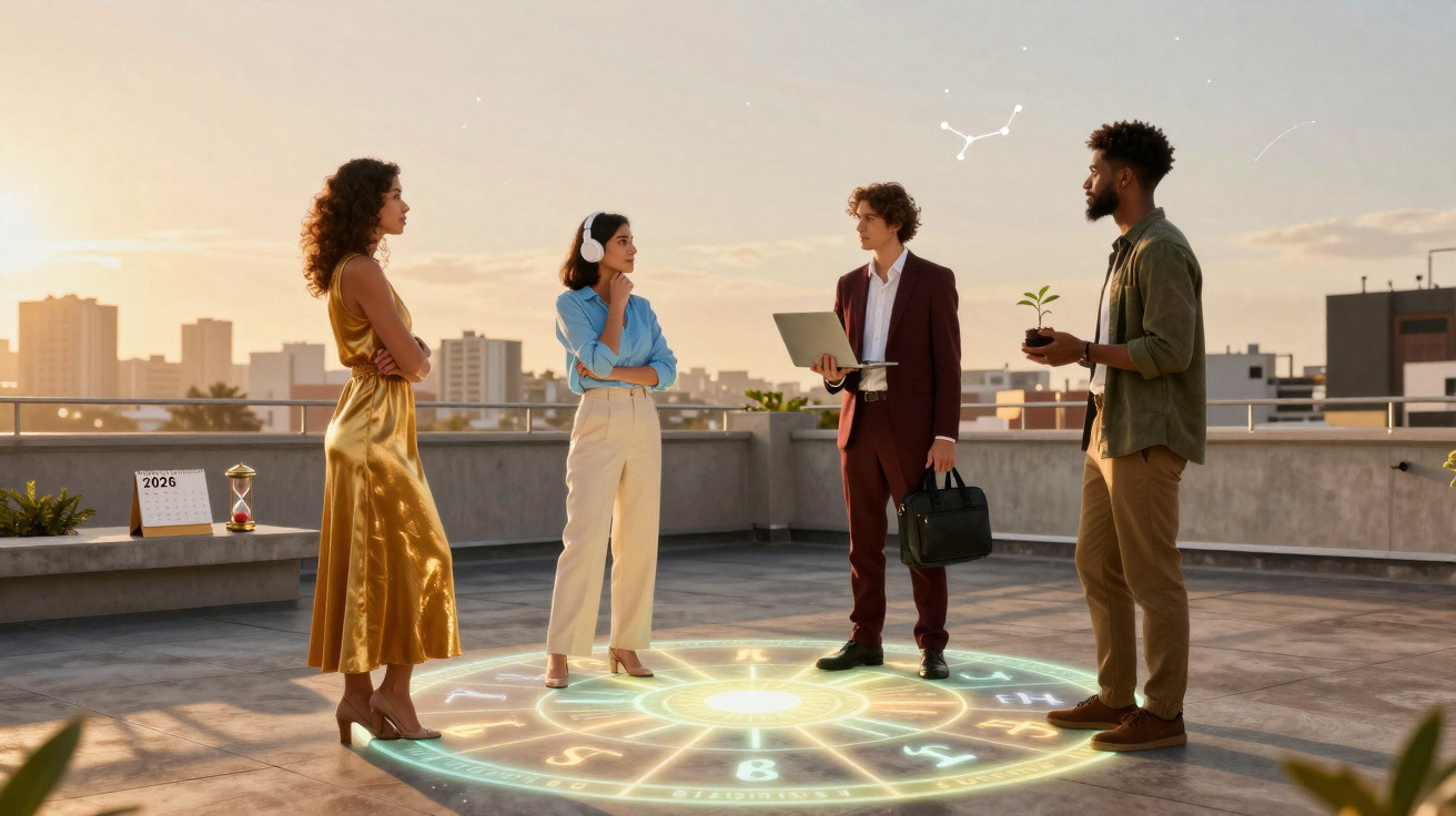 Quatro jovens em rooftop discutem sobre astrologia com símbolos zodiacais projetados no chão ao pôr do sol.