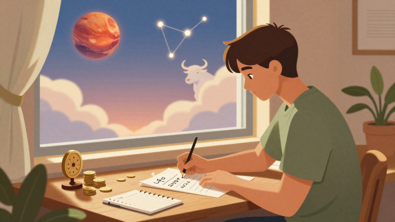 Rapaz a estudar no quarto com mesa, plantas, moedas e céu com planeta e constelação de touro na janela.