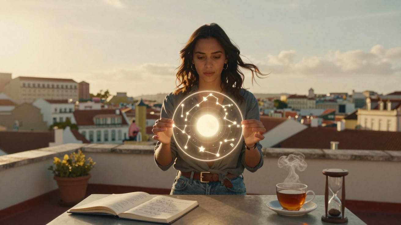 Mulher num terraço com livro, chá e ampulheta, segurando holograma de constelações luminosas.