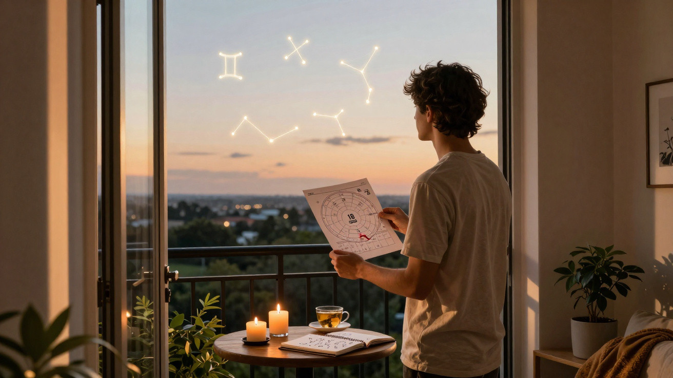 Homem a observar constelações ao pôr do sol, segurando mapa astrológico na varanda iluminada por velas.