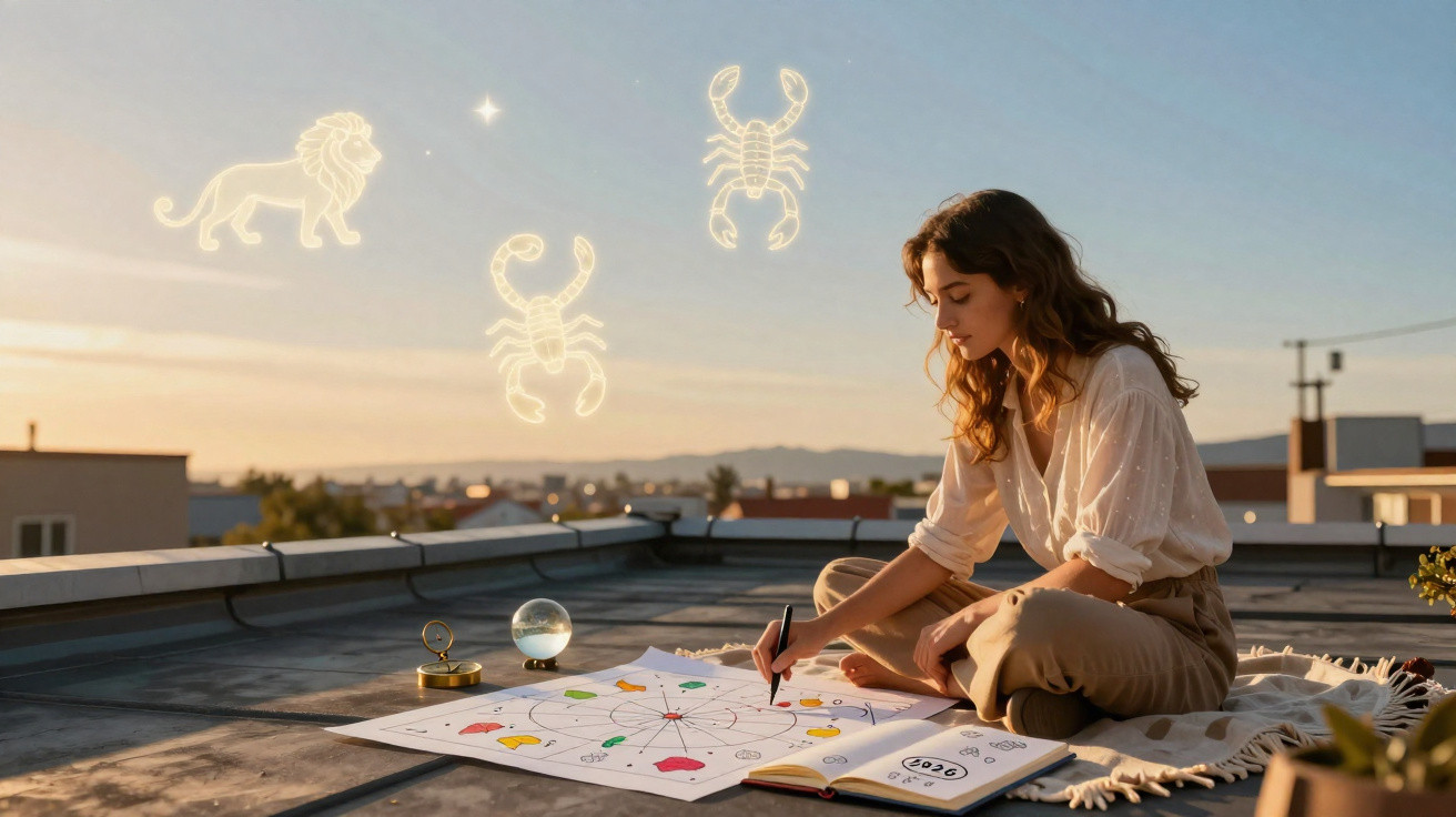 Mulher sentada no telhado a desenhar um mapa astrológico com símbolos do leão e do escorpião no céu ao pôr do sol.