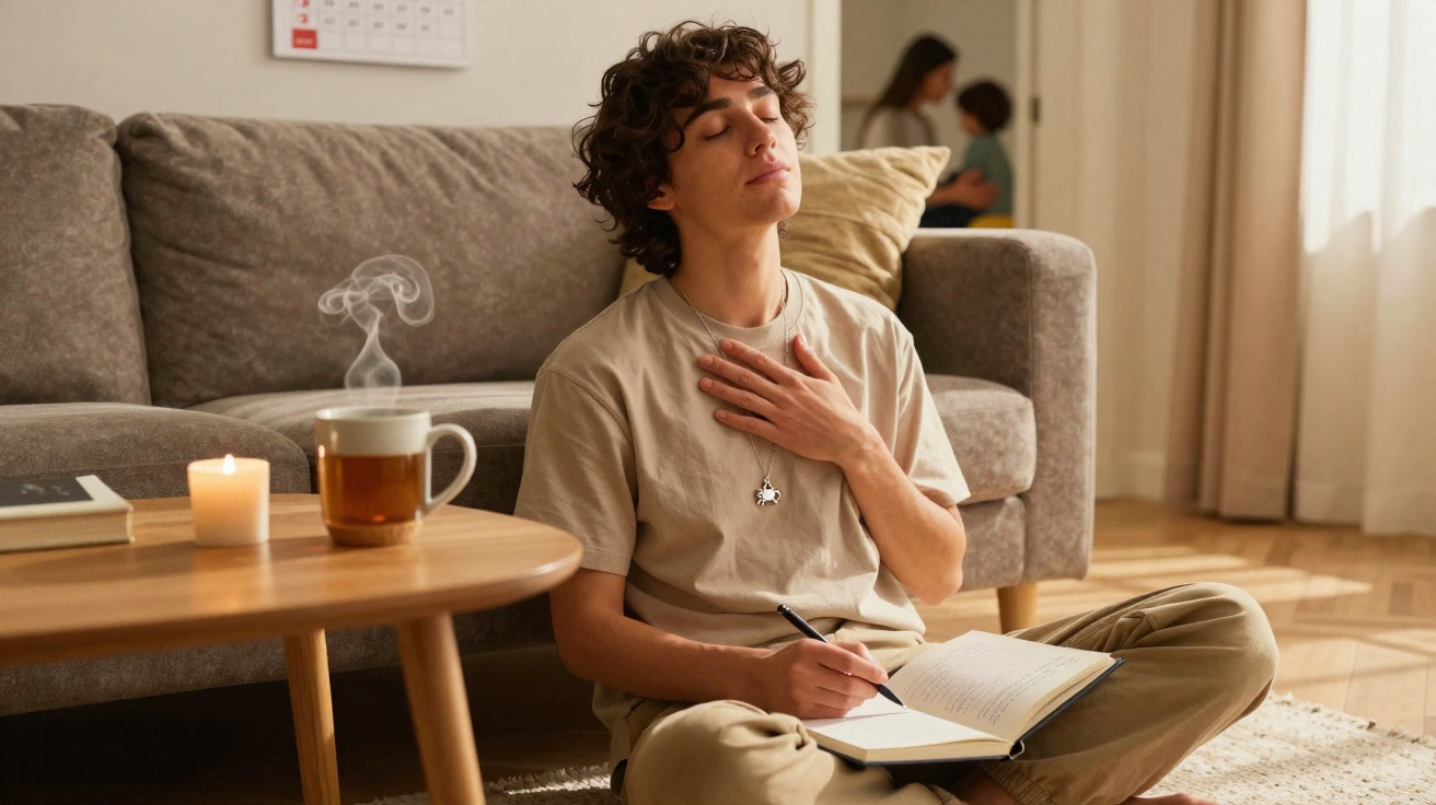 Jovem sentado no chão meditando e escrevendo em caderno, com chá e vela acesa na mesa à frente.
