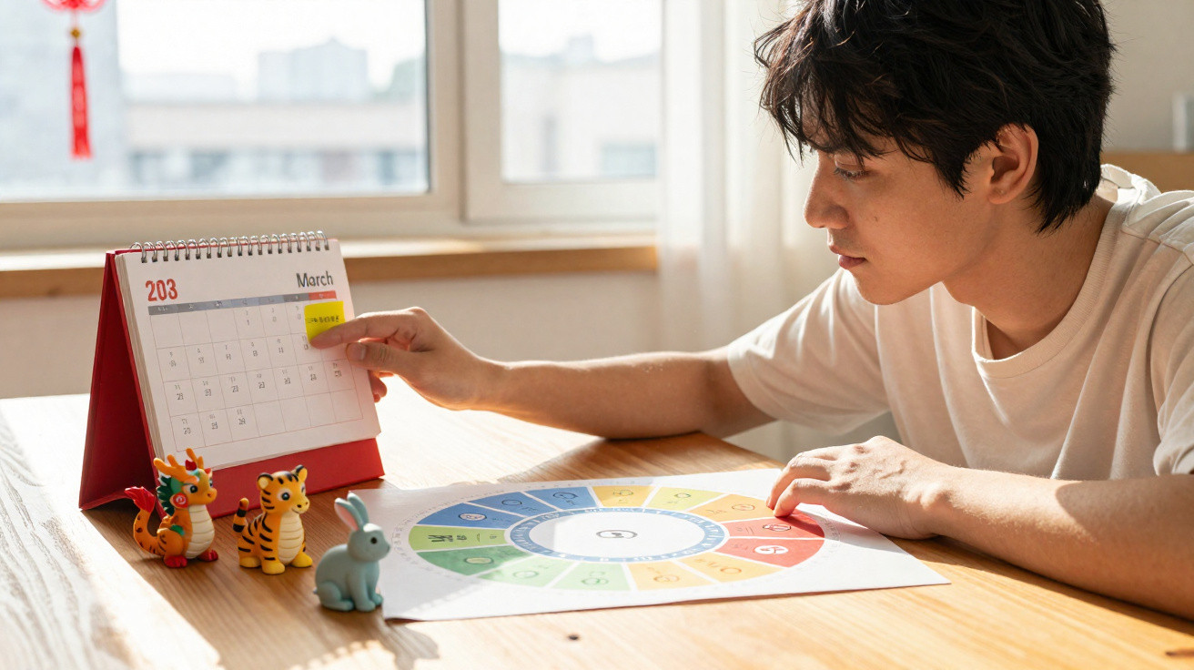 Homem a apontar para um calendário de mesa enquanto observa um gráfico colorido sobre a mesa.