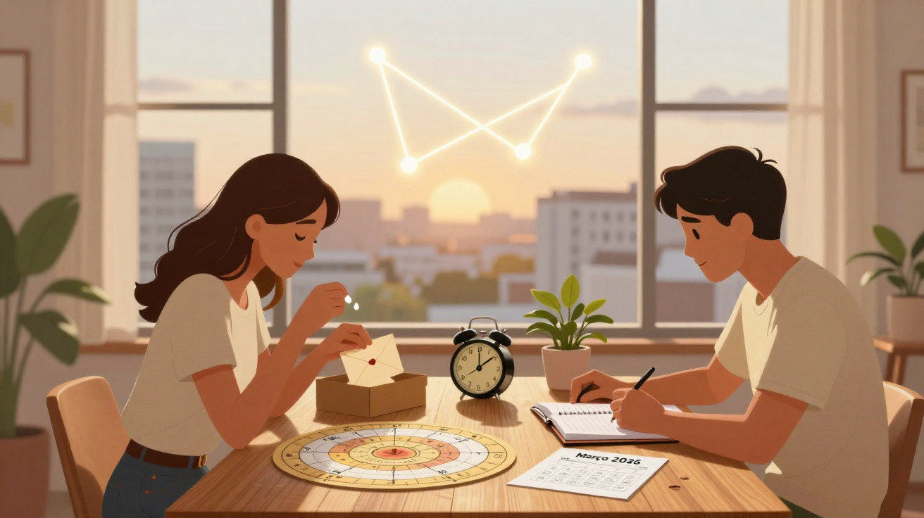 Casal sentado à mesa com cartas, calendário de março 2025 e relógio, ao pôr do sol, com constelação visível.