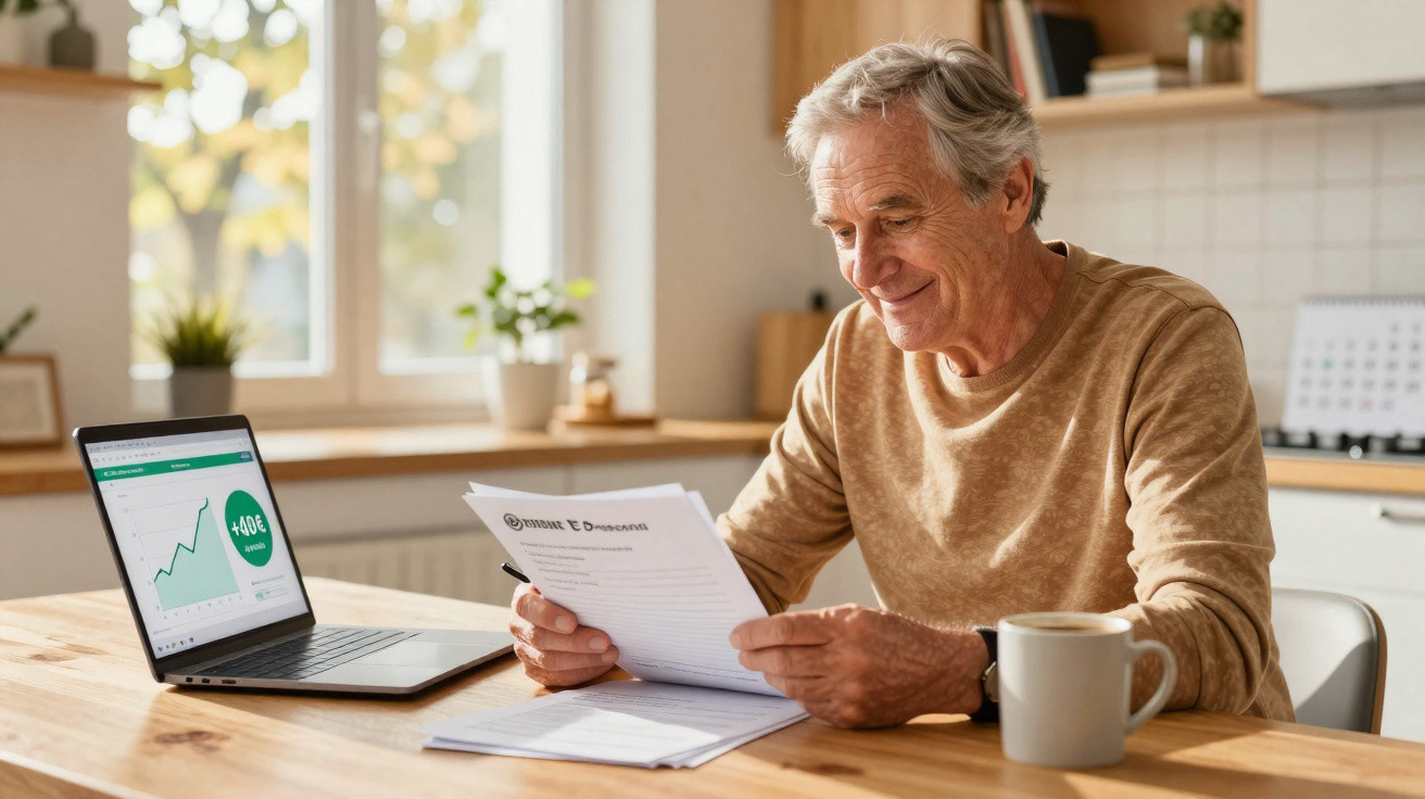 Homem idoso sorridente a analisar documentos financeiros numa mesa com portátil e caneca.