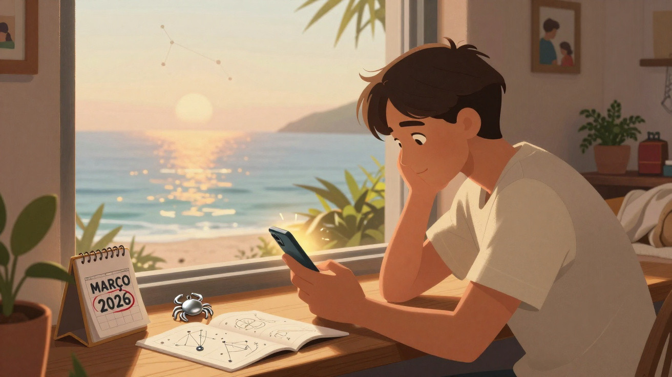 Rapaz sentado à mesa com telemóvel, calendário a 2026 e vista para o mar ao pôr do sol.