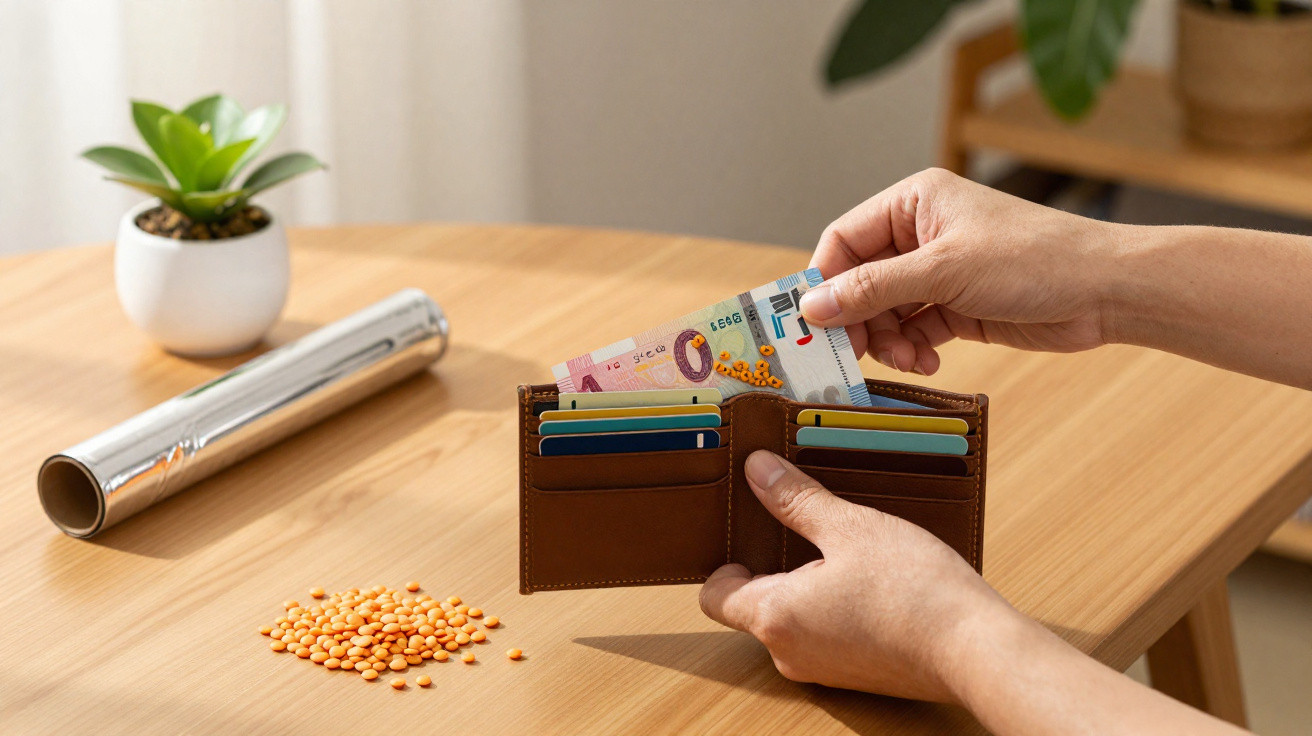 Pessoa a retirar uma nota de euro da carteira junto a uma mesa com lentilhas e papel de alumínio.