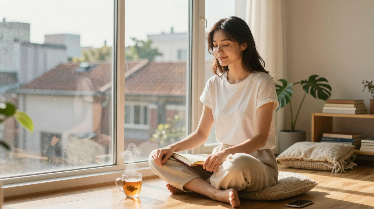 Mulher sentada no chão a ler um livro junto a uma janela com chá quente ao lado, ambiente calmo e iluminado.