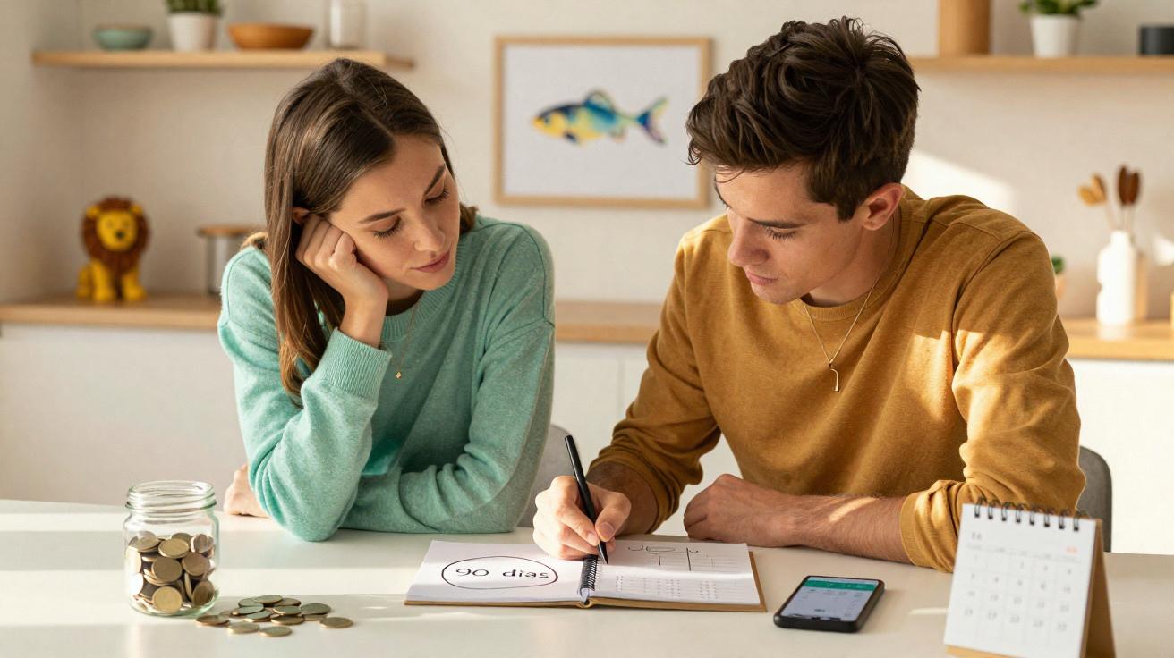 Casal jovem sentado à mesa a planear finanças com moedas, caderno e calendário à sua frente.