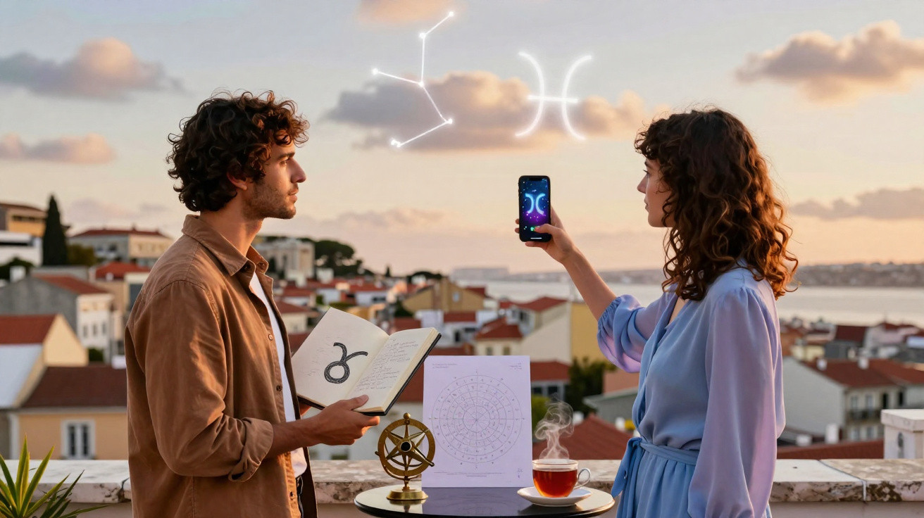Casal observa signos zodiacais enquanto analisam astrologia numa varanda com vista para cidade ao pôr do sol.