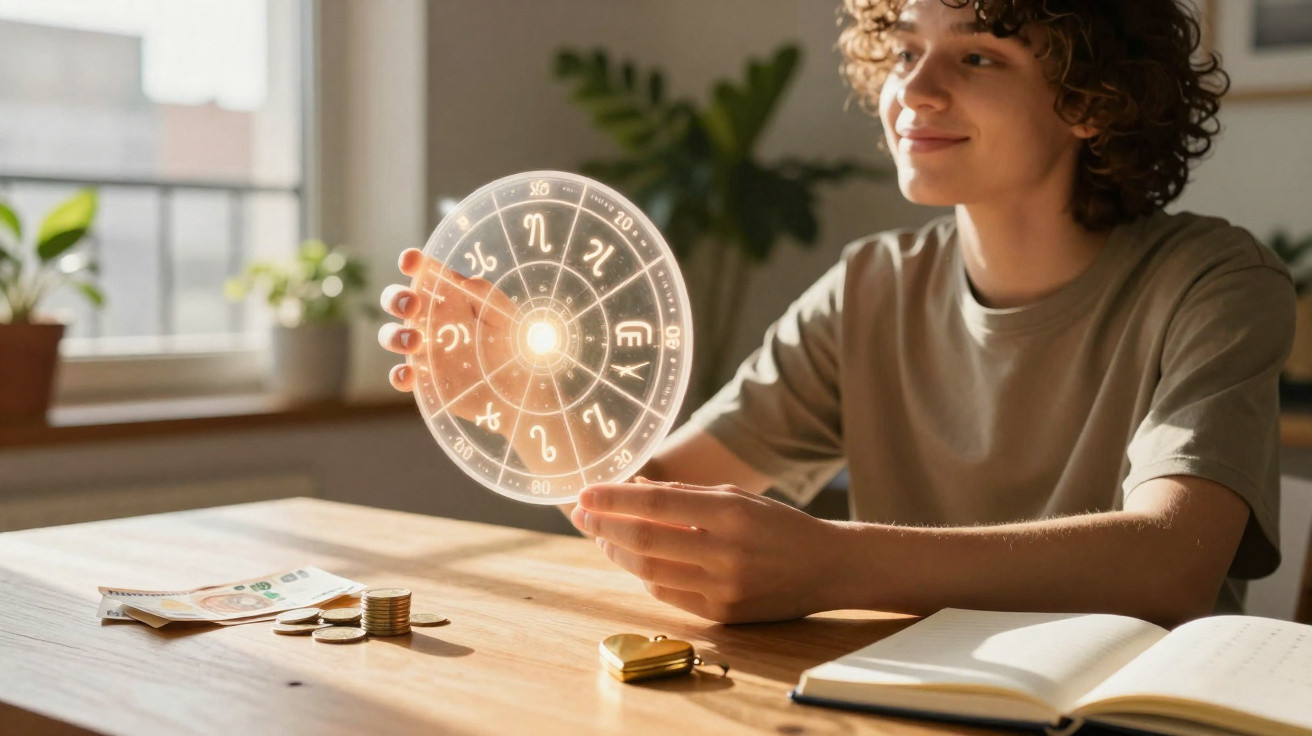 Pessoa a sorrir segurando um círculo luminoso com símbolos do zodíaco sentado numa mesa com moedas e caderno aberto.