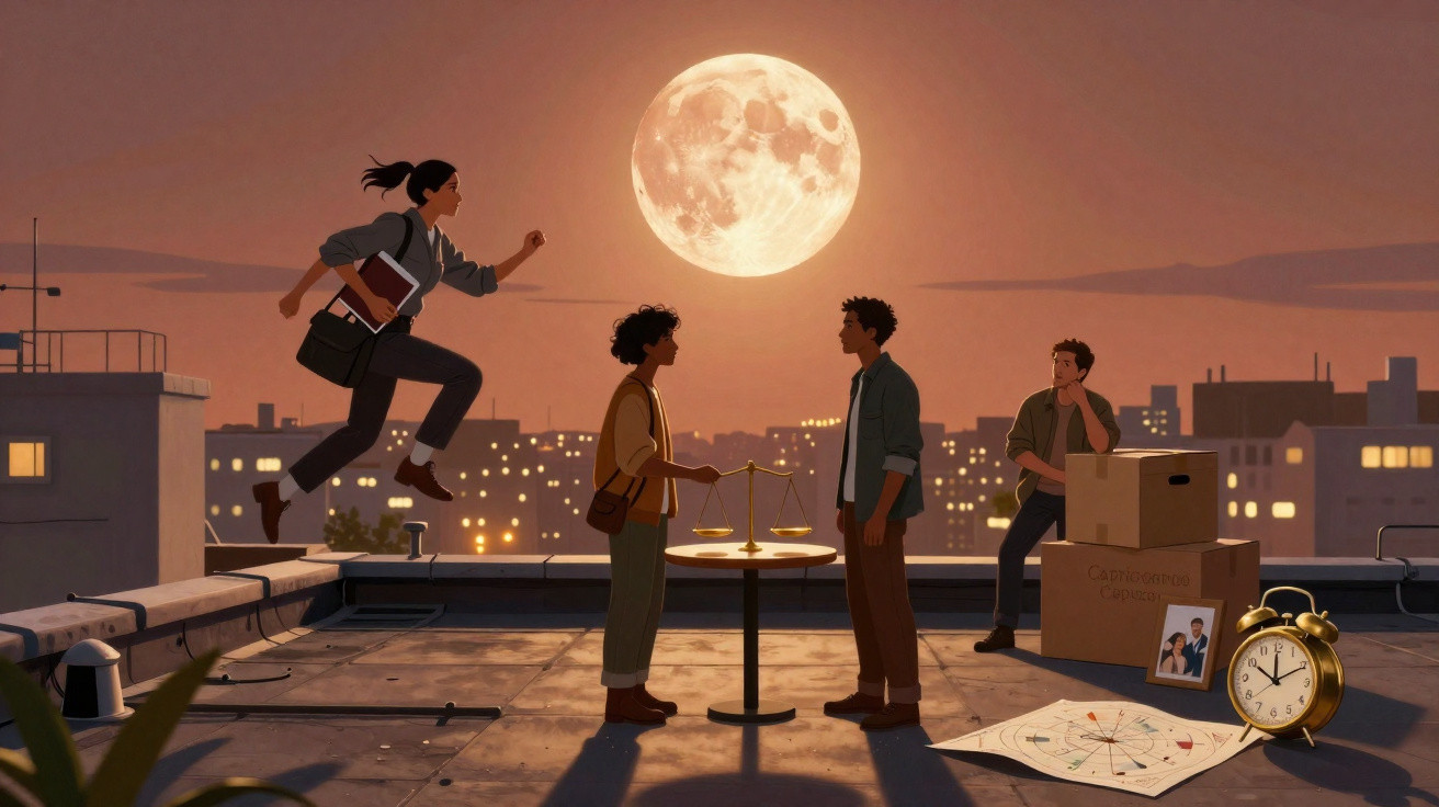 Quatro jovens num terraço ao luar, com uma balança, relógio e mapas sobre a mesa ao pôr do sol.