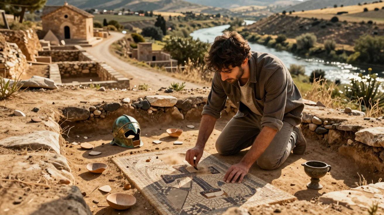 Homem a escavar e examinar mosaico romano num sítio arqueológico junto a um rio e colinas.