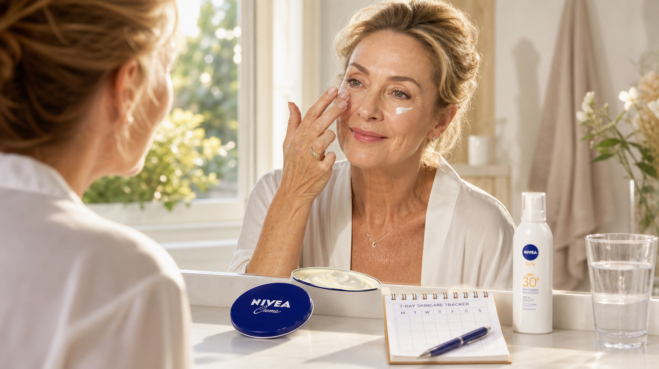Mulher a aplicar creme no rosto em frente ao espelho, com jarra de água e produtos Nivea ao lado.