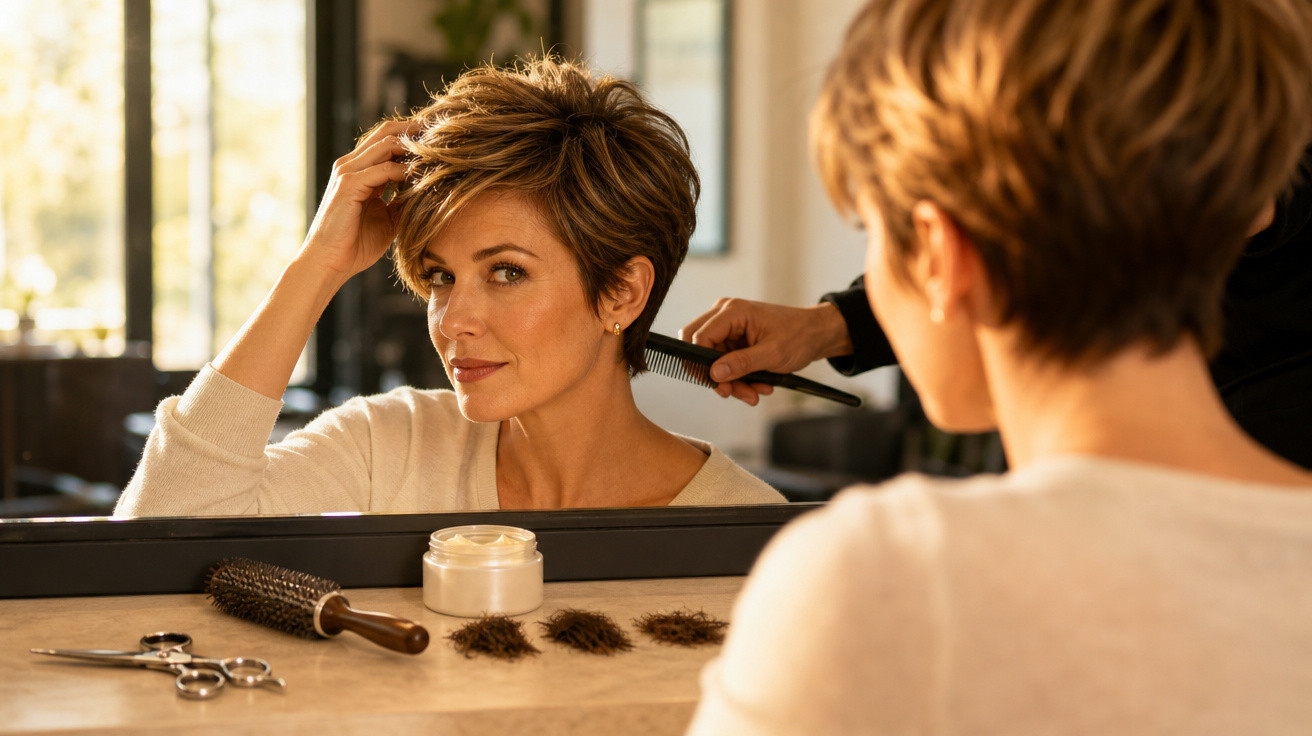 Mulher com cabelo curto em salão, a olhar-se ao espelho enquanto penteiam a parte de trás do cabelo.