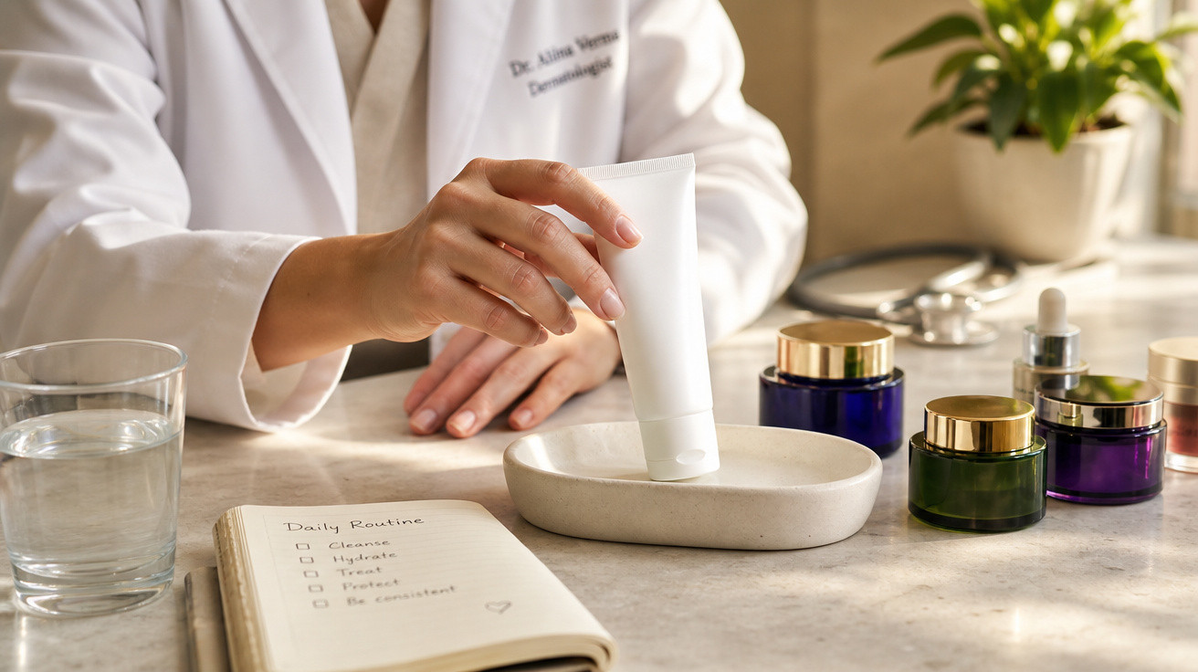 Mãos de médica dermatologista a colocar creme em prato com frascos de cosméticos numa mesa iluminada.