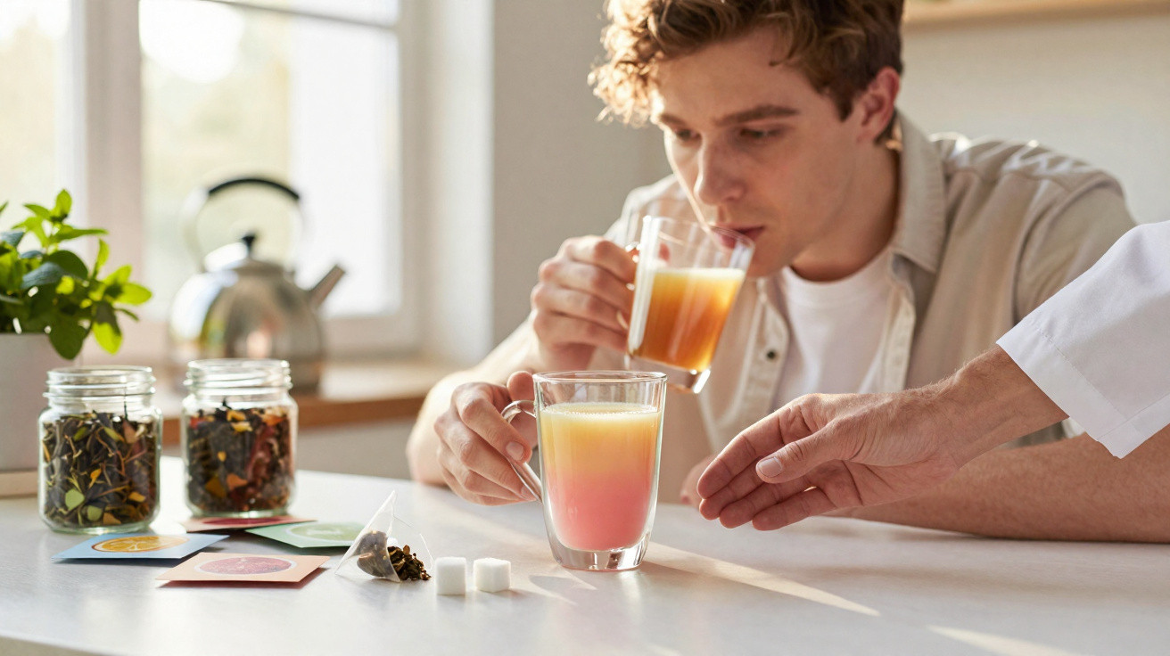 Homem a beber chá numa cozinha, com vários ingredientes e um segundo chá em chávena transparente à sua frente.