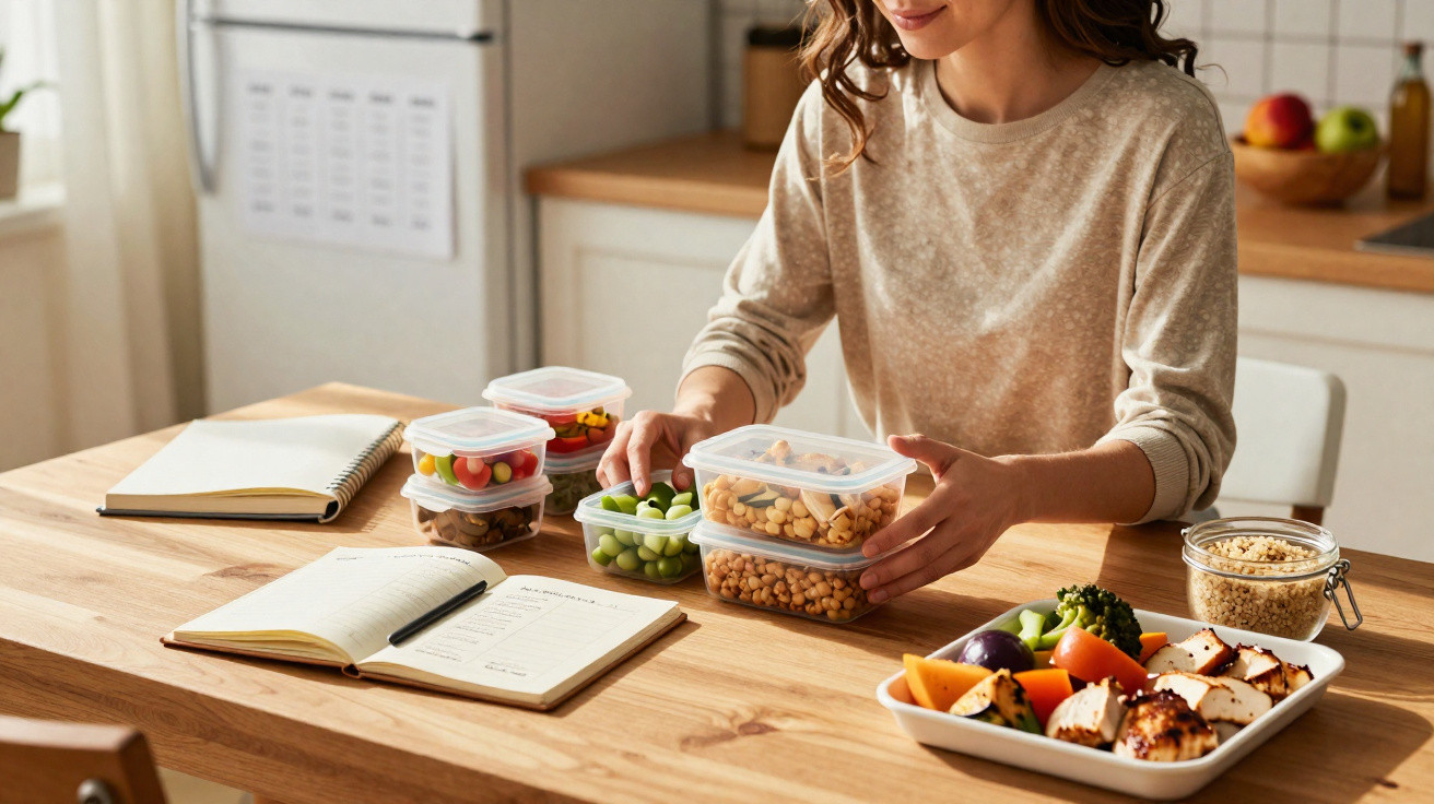 Mulher organiza marmitas com legumes, frutas e caderno aberto numa mesa de cozinha.