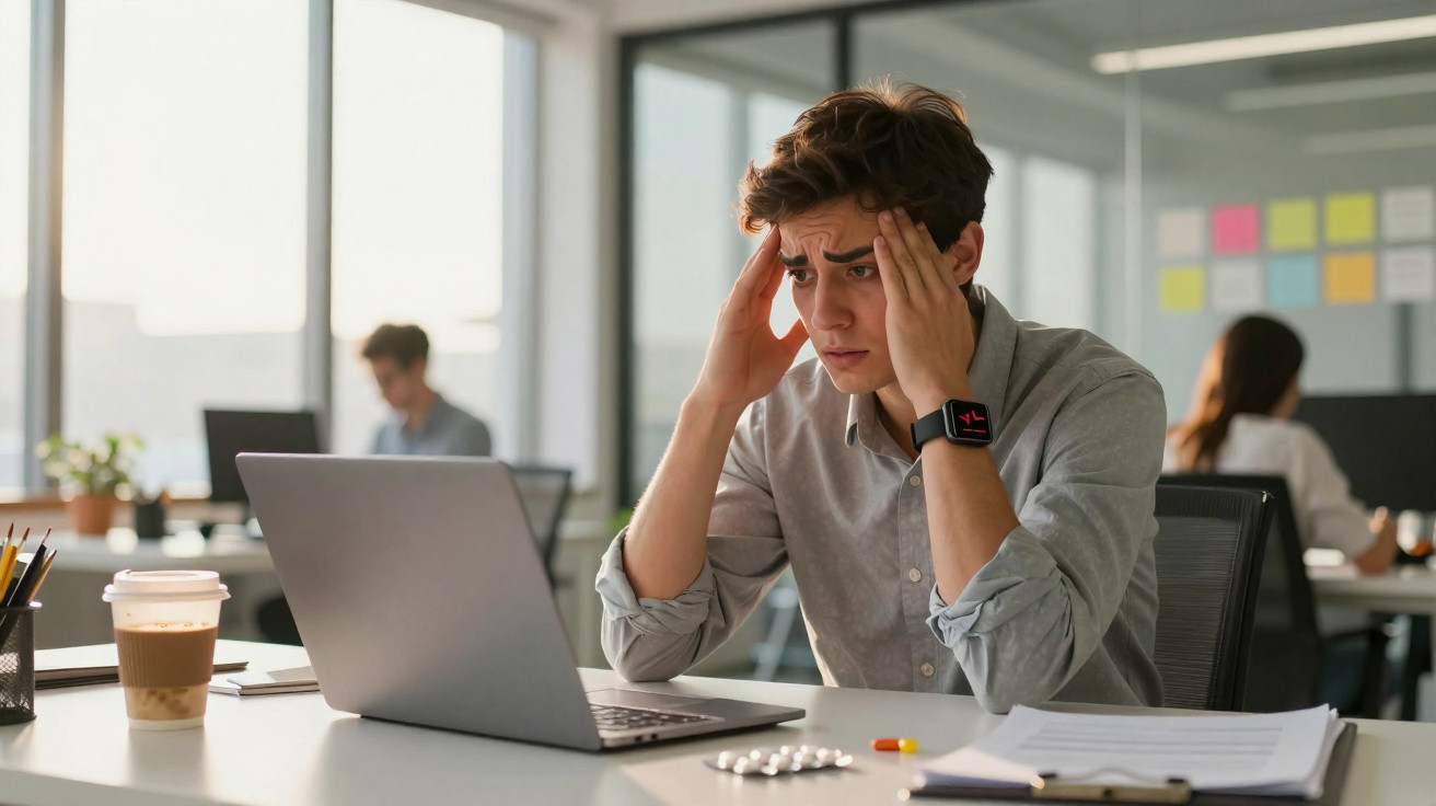 Jovem preocupado com a cabeça entre as mãos, sentado numa mesa de escritório com computador portátil e medicamentos.