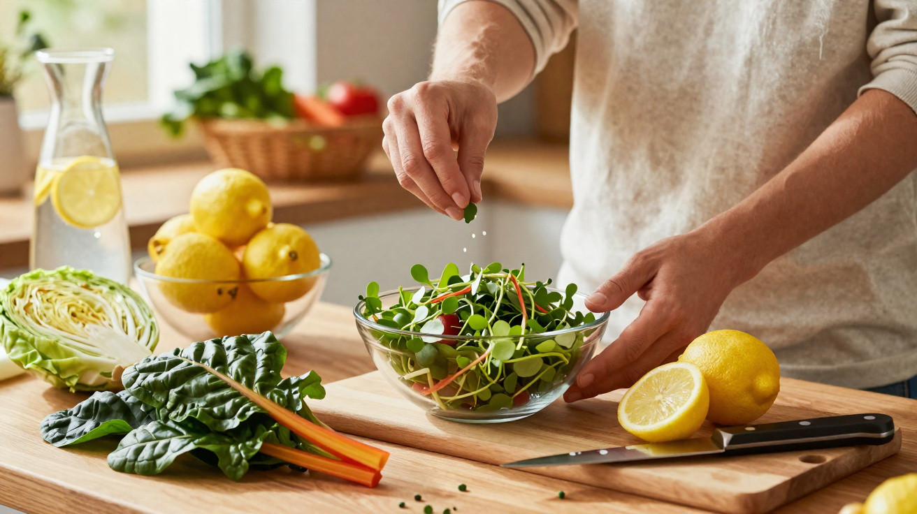 Pessoa a temperar salada com verduras frescas e limões numa cozinha iluminada.